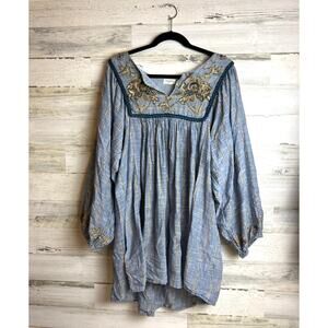 World Market Women's L/XL lightweight blue gold embroidered tunic top stripe